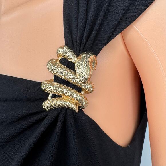 VTG Y2K Cache Black Asymmetric Neckline Bodycon Dress Snake Brooch Made USA M - Picture 4 of 13